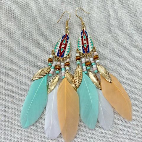 Ethnic Style Bohemian Water Droplets Alloy Feather Beaded Tassel Enamel Women's Drop Earrings