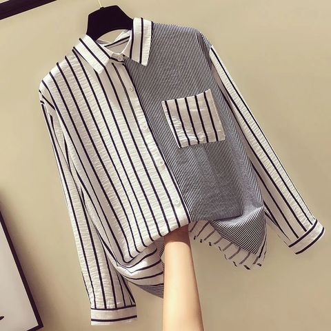 Women's Blouse Long Sleeve Blouses Pocket Washed Button Simple Style Stripe Solid Color