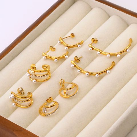 1 Pair Basic Modern Style Classic Style Geometric Inlay 304 Stainless Steel Artificial Pearls 18K Gold Plated Ear Studs