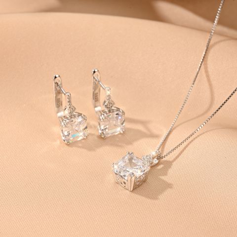 Elegant Wedding Simple Style Geometric White Gold Plated Rhodium Plated Zircon Sterling Silver Wholesale Jewelry Set