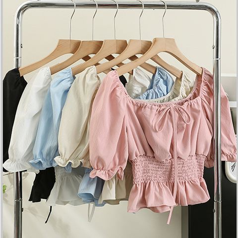 Women's Blouse 3/4 Length Sleeve Blouses Drawstring Washed Backless Simple Style Solid Color