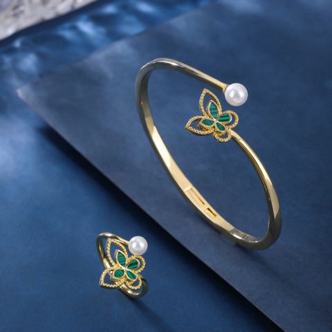 Copper 18K Gold Plated White Gold Plated Glam Luxurious Plating Inlay Butterfly Artificial Pearls Malachite Rings Bracelets