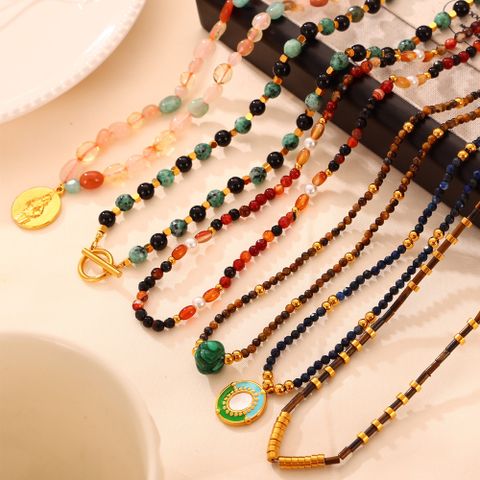 304 Stainless Steel Natural Stone Agate 18K Gold Plated Casual Retro Beaded Enamel Plating Round Necklace