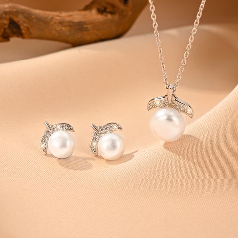 Elegant Wedding Simple Style Pearl White Gold Plated Rhodium Plated Freshwater Pearl Freshwater Pearl Sterling Silver Wholesale Earrings Necklace Jewelry Set