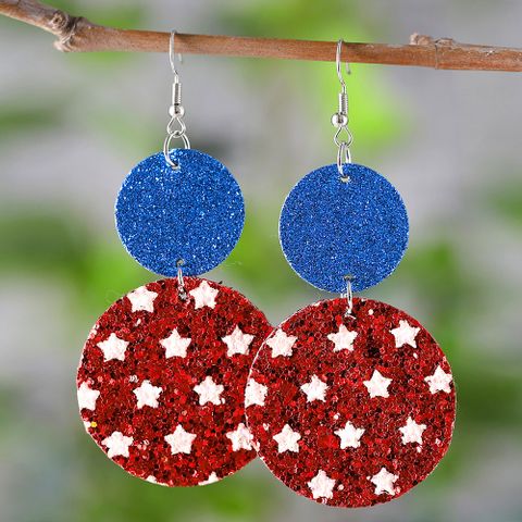 1 Pair Retro Round Star Sequins Pu Leather Drop Earrings