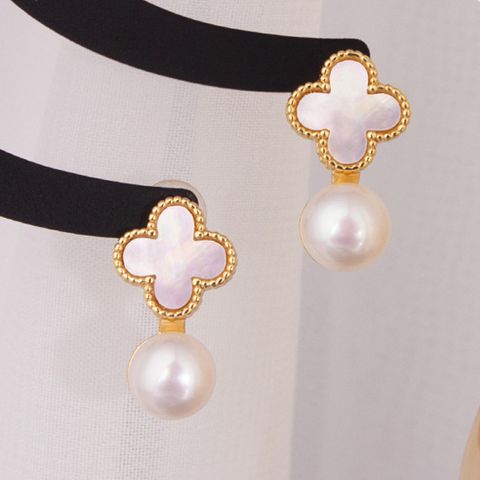 1 Pair Elegant Four Leaf Clover Freshwater Pearl Copper 14K Gold Plated Drop Earrings