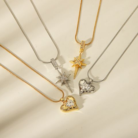 304 Stainless Steel Copper 18K Gold Plated Casual Simple Style Inlay Star Heart Shape Zircon Pendant Necklace