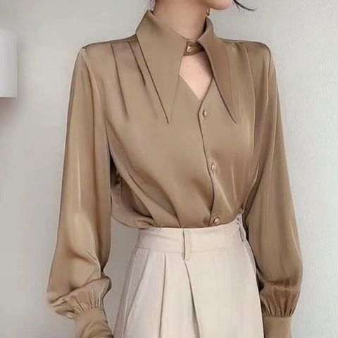 Women's Blouse Long Sleeve Blouses Buckle Washed Button Classic Style Solid Color