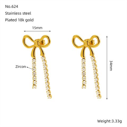 1 Pair Sweet Shiny Bow Knot Inlay 304 Stainless Steel Zircon 18K Gold Plated Drop Earrings