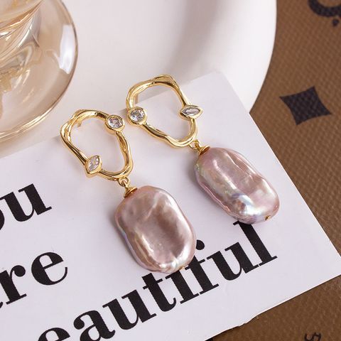 1 Pair Elegant Simple Style Irregular Freshwater Pearl Copper Drop Earrings