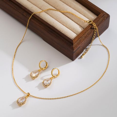 Kupfer 14 Karat Vergoldet Elegant Dame Inlay Wassertropfen Zirkon Ohrringe Halskette Schmuck-Set
