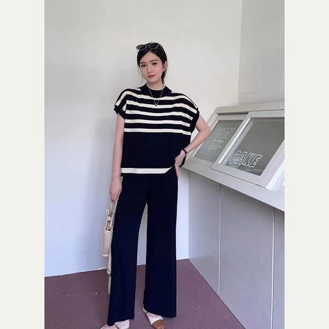 Weekend School Daily Women's Classic Style Stripe Solid Color Rayon Spandex Polyester Elastic Waist Washed T-Shirt Sets Pants Sets