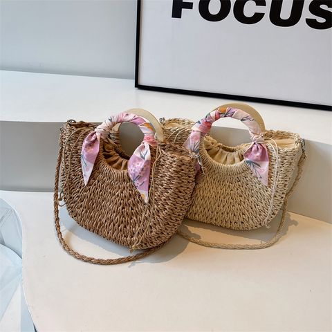 Women's Medium Straw Solid Color Vacation Beach Weave String Straw Bag