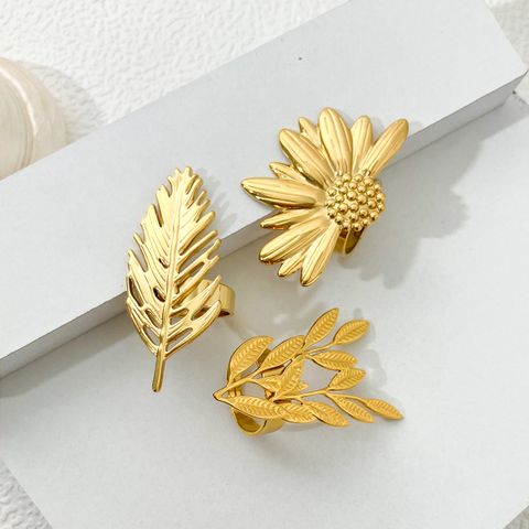 304 Stainless Steel 14K Gold Plated Casual Vacation Pastoral Hollow Out Sunflower Leaves Open Rings