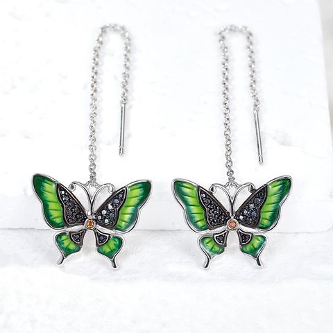 1 Pair Elegant Sweet Pastoral Butterfly Enamel Plating Inlay Sterling Silver Zircon Rhodium Plated Drop Earrings