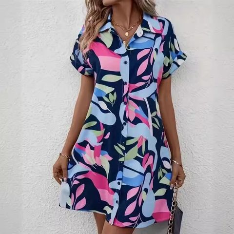 Women's Regular Dress Streetwear Shirt Collar Printing Button Short Sleeve Geometric Knee-Length Holiday Daily