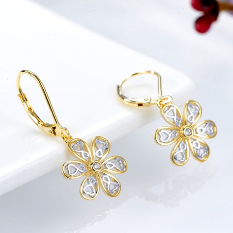 1 Pair Casual Elegant Flower Plating Hollow Out Inlay Sterling Silver Zircon Gold Plated Drop Earrings