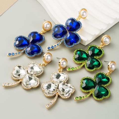 1 Pair Casual Exaggerated Vacation Shamrock Inlay Alloy Rhinestones Glass Pearl 18K Gold Plated Drop Earrings