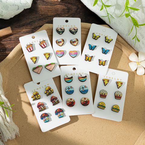 1 Set Cartoon Style Funny Modern Style Hamburger French Fries Butterfly Wood Ear Studs