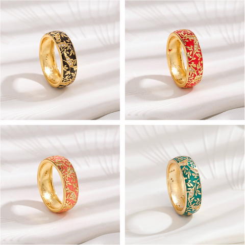 Copper 18K Gold Plated Chinoiserie Vintage Style Lady Epoxy Inlay Round Monogram Zircon Rings