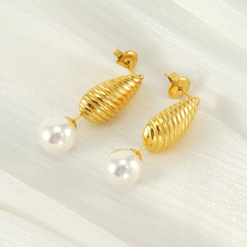 1 Pair IG Style Modern Style Classic Style Water Droplets Inlay Titanium Steel Pearl 18K Gold Plated Drop Earrings