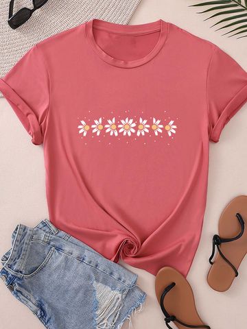 Women's T-shirt Short Sleeve T-Shirts Round Casual Chrysanthemum