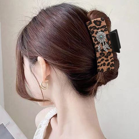 Women's Classic Style Commute Korean Style Leaves Leopard Pu Leather Alloy Inlay Turquoise Hair Claws