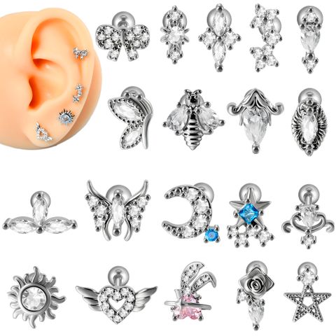 1 Piece Basic Modern Style Classic Style Moon Rose Bee Inlay 304 Stainless Steel Copper Zircon Ear Studs Cartilage Earrings
