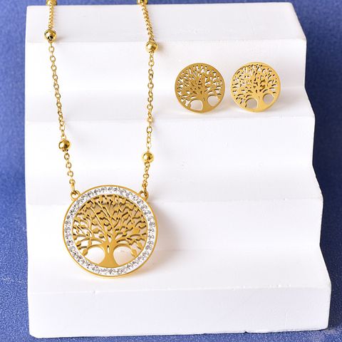 304 Stainless Steel 18K Gold Plated Elegant Retro Lady Plating Inlay Round Life Tree Grid Turquoise Rhinestones Earrings Necklace