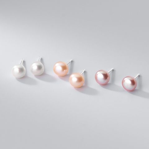 Simple Style Round Silver Pearl Ear Studs 1 Pair
