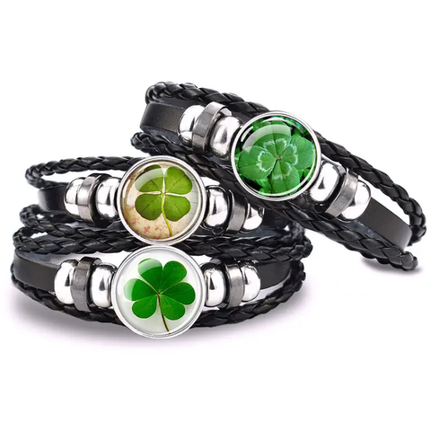 Wholesale Jewelry Pastoral Simple Style Four Leaf Clover Pu Leather Layered Bracelets