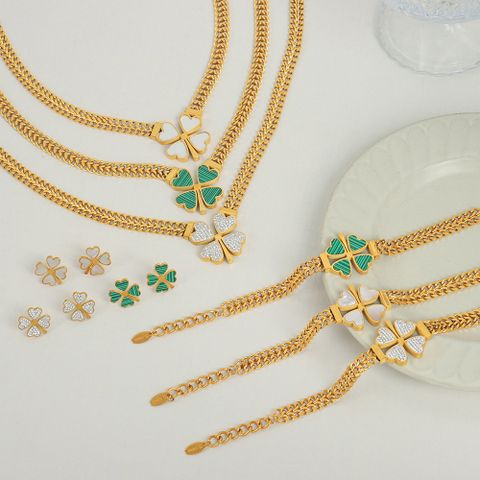 304 Stainless Steel 18K Gold Plated Elegant Lady Modern Style Plating Inlay Four Leaf Clover Turquoise Rhinestones Shell Bracelets Earrings Necklace