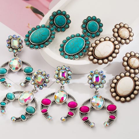 1 Pair Casual Vacation Classic Style Color Block Inlay Alloy Turquoise Glass Silver Plated Drop Earrings