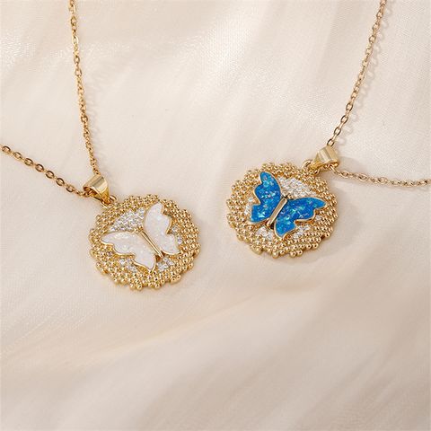 Wholesale Cute Sweet Artistic Butterfly 304 Stainless Steel Copper Inlay K Gold Plated Rhinestones Pendant Necklace
