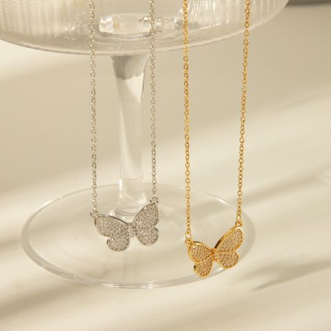 Wholesale Casual Simple Style Butterfly 304 Stainless Steel Copper Inlay 18K Gold Plated Zircon Pendant Necklace