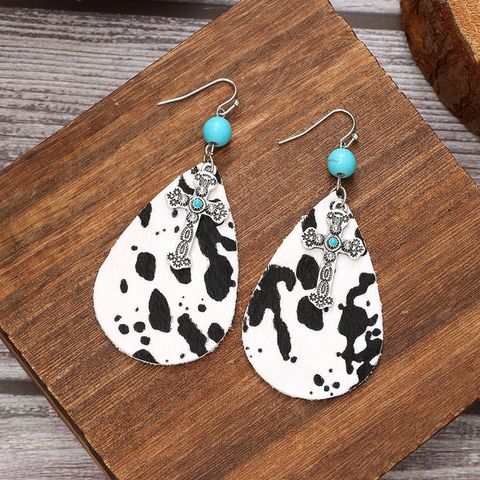 1 Pair Casual Pastoral Simple Style Cross Water Droplets Beaded Pu Leather Alloy Drop Earrings