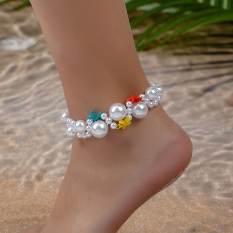 Vacation Beach Starfish Imitation Pearl Plastic Beaded Women's Anklet