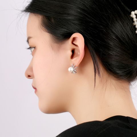 1 Pair Elegant Lady Pentagram Round Inlay Copper Brass Pearl Gold Plated Drop Earrings Ear Studs