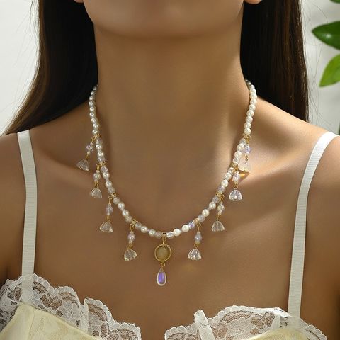Elegant Lady Streetwear Tassel Flower Artificial Pearl Alloy Inlay Artificial Crystal Women's Pendant Necklace