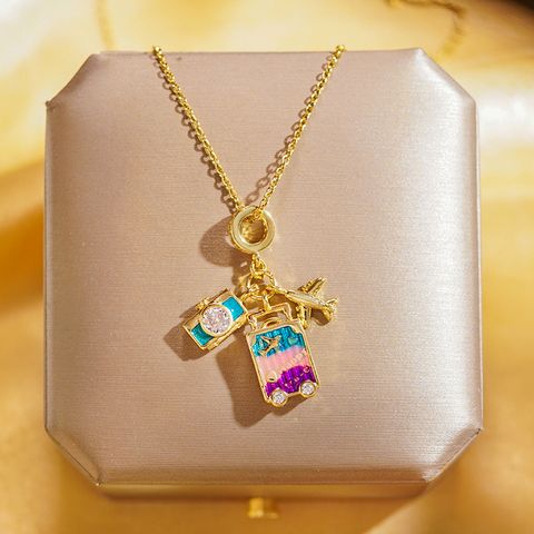 Wholesale Elegant Lady Camera Airplane 304 Stainless Steel Copper Enamel Hollow Out Inlay 18K Gold Plated K Gold Plated Zircon Pendant Necklace