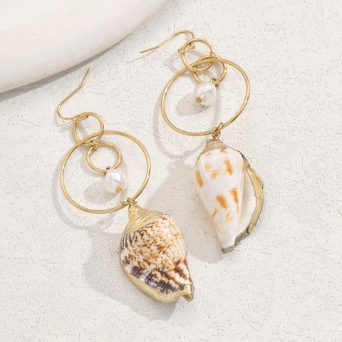 1 Pair Hawaiian Vacation Beach Conch Asymmetrical Hollow Out Plastic Shell 18K Gold Plated Drop Earrings