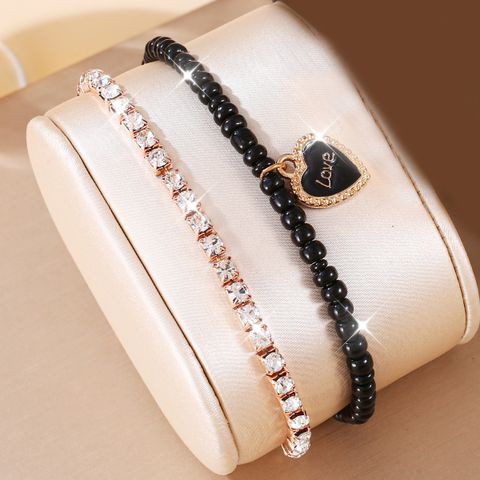 Wholesale Jewelry Elegant Romantic Shiny Letter Heart Shape Arylic Alloy Artificial Diamond Beaded Enamel Inlay Jewelry Set