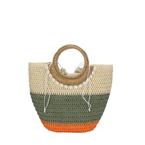 Women's Large Straw Color Block Vacation Beach Weave String Straw Bag