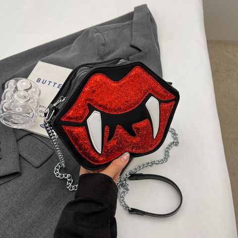 Women's Small Pu Leather Lips Streetwear Square Zipper Crossbody Bag