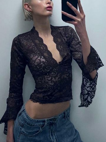 Women's Blouse Long Sleeve Blouses Lace Hollow Out Sexy Solid Color