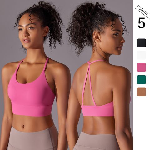 Deportes Color Sólido Nylon Cuello Halter Tops Activos Camiseta Sin Mangas Entrecruzada Con Cuello Halter