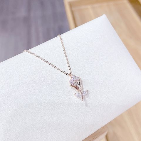 Copper Elegant Simple Style Plating Flower Zircon Pendant Necklace