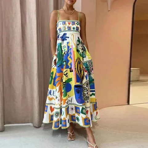 Women's Strap Dress Vacation Collarless Printing Sleeveless Printing Maxi Long Dress Holiday Beach