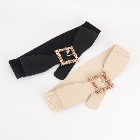 Casual Vintage Style Simple Style Square Alloy Elastic Band Buckle Inlay Rhinestones Women's Leather Belts