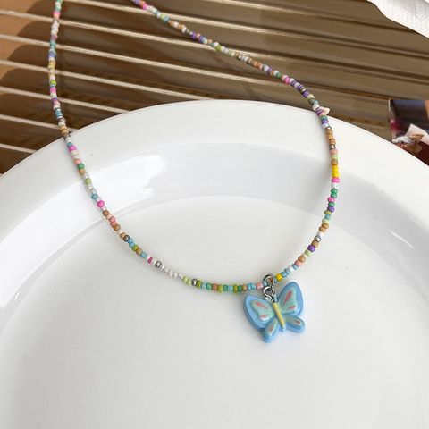 Sweet Bow Knot Resin Seed Bead Beaded Women's Pendant Necklace